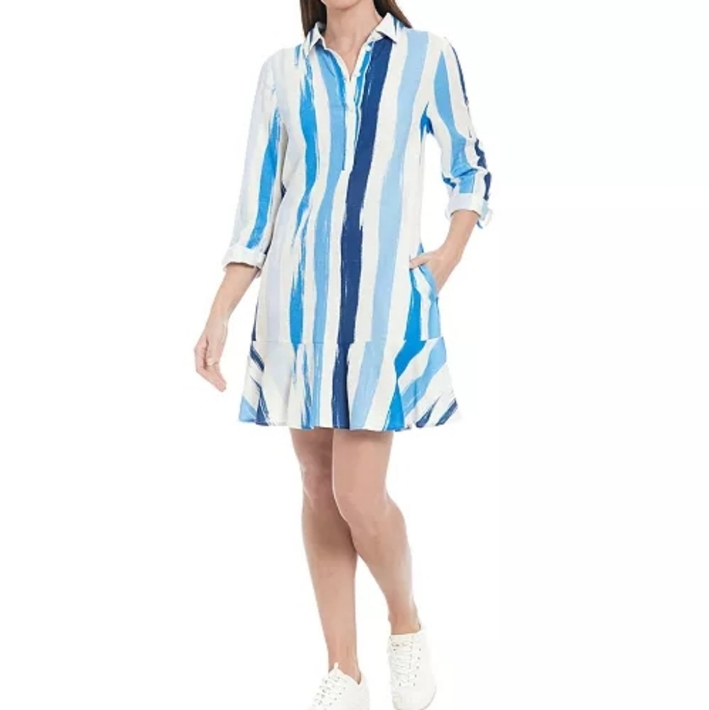 NWT London Times Artistic Blue and White Long Sleeve Dress, PM